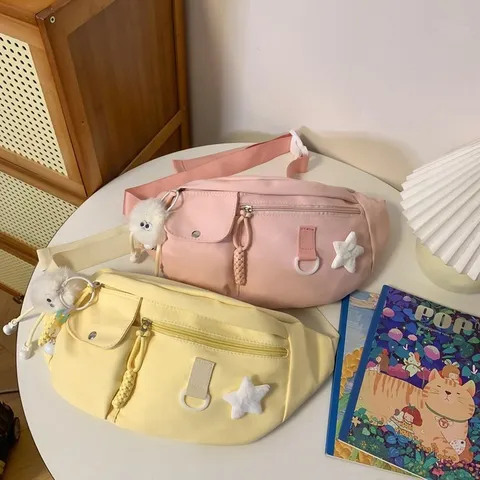 Women Casual Nylon Chest Bag Fashion Crossbody Waist Bag Solid Color Multi-Pocket Shoulder Bag With Plush Pendant