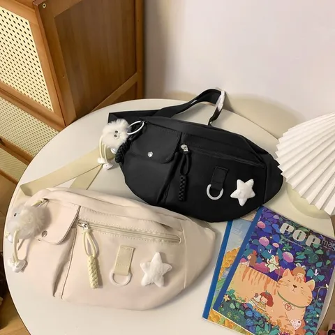 Women Casual Nylon Chest Bag Fashion Crossbody Waist Bag Solid Color Multi-Pocket Shoulder Bag With Plush Pendant