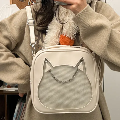 Japanese Cute Cat Ear Transparent Ita Bag PU Leather Mini Backpack Crossbody Handbag For Women Teenagers Merchandise Display Bag