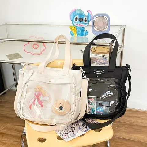 Kawaii Japanese Style Ita Bag For Anime Fans Nylon Clear Window Crossbody Bag Ruffle Decor Tote Handbag For Women Girls