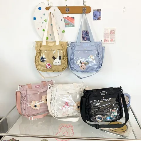 Kawaii Japanese Style Ita Bag For Anime Fans Nylon Clear Window Crossbody Bag Ruffle Decor Tote Handbag For Women Girls
