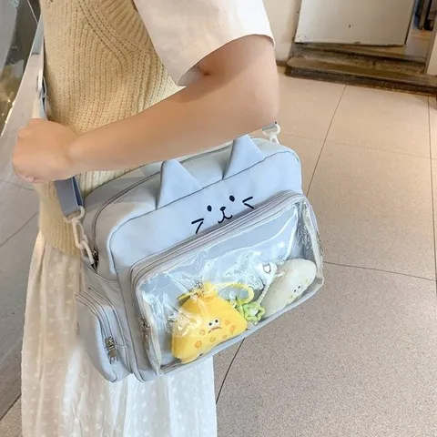 Cute Cat Shaped Ita Bag JK Style Embroidery Crossbody Shoulder Bag With Transparent PVC Window For Anime Merch Display