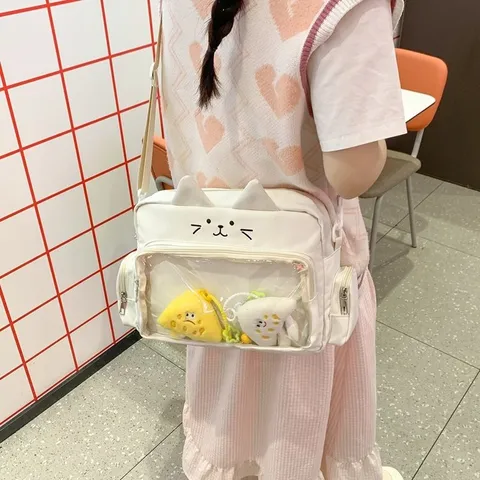 Cute Cat Shaped Ita Bag JK Style Embroidery Crossbody Shoulder Bag With Transparent PVC Window For Anime Merch Display