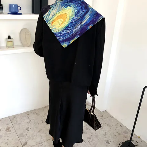 Van Gogh Starry Night Art Print Silk Square Scarf For Women Vintage Decorative Neck Scarf Silk Handkerchief