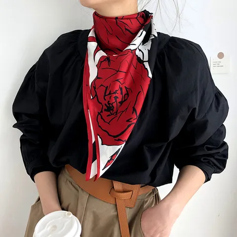Bufanda de Seda Retro Francesa para Mujer Pañuelo Cuadrado de Seda de Morera Estampado Floral Bufanda de Cuello de Moda