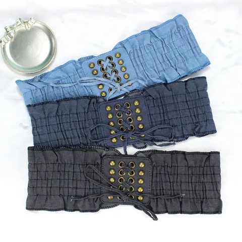 Women Denim Corset Belt Lace up Ruffle Wide Elastic Waistband For Dresses Skirts Vintage Waist Slimming Belt Girdle