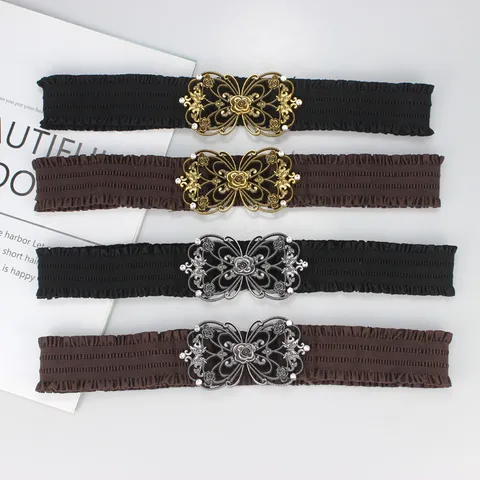 Vintage Hollow Out Interlocking Buckle Elastic Corset Belt For Women Rhinestone Flower Butterfly Decorative Cinch Waist Belt
