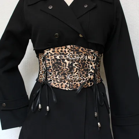Femme Large Élastique Imprimé Léopard Ceinture de Taille Corset Cinch Ceinture PU Cuir Vintage Lacets Bande de Taille Pour Robe Manteau