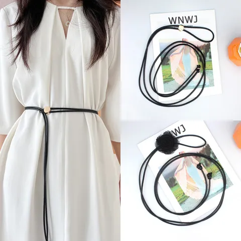 Women Skinny Faux Leather Waist Rope Belt Adjustable Thin Soft Cord Belt With Metal Buckle Fabric Flower Artificial Pearl Embellishments For Dress Shirt Daily Party Decoration Accessories