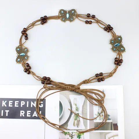 Cadena de Cintura de Cuerda de Cera Trenzada a Mano Bohemia Con Adornos de Mariposa de Strass y Flor de Metal Cuentas de Madera Cinturón de Cadena de Cuerpo Ajustable para Vestido Mujer