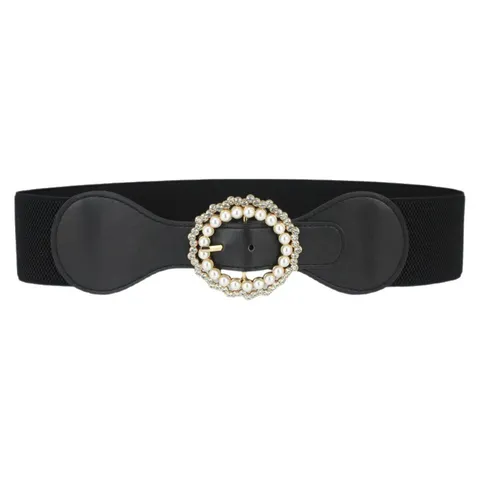 Women Elegant Wide Elastic Belt Round Alloy Buckle Artificial Pearl Rhinestone Dress Coat Waist Corset Belt Accent Waistband Accessories