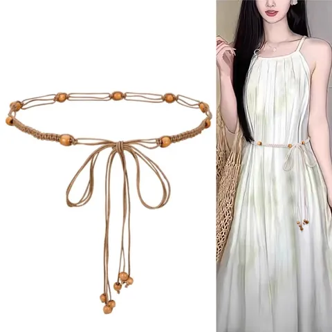 Women Ethnic Style Hand Woven Thin Belt Casual Versatile Wax Cord Waist Chain With Wooden Beads Tassel For Dress Sweater