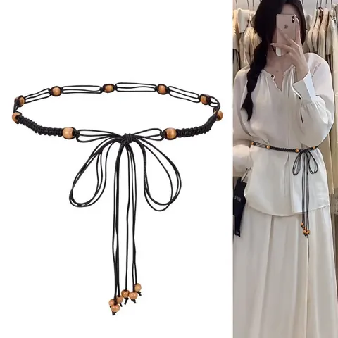 Women Ethnic Style Hand Woven Thin Belt Casual Versatile Wax Cord Waist Chain With Wooden Beads Tassel For Dress Sweater
