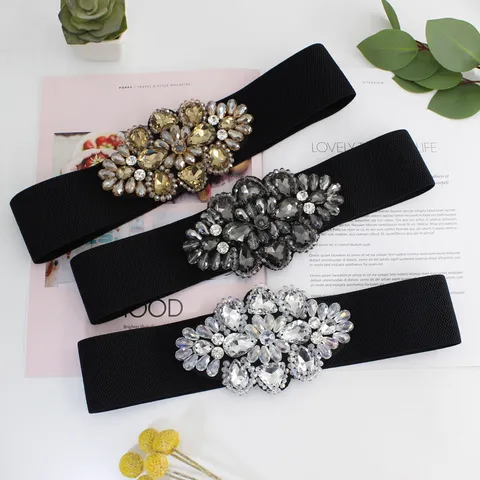 Women Elastic Corset Belt Elegant Crystal Rhinestone Floral Waist Band Wide Faux Leather Stretch Belts For Dresses Coat Accessories