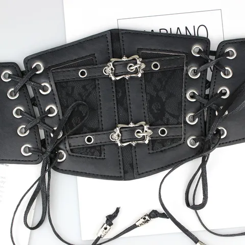 Women Vintage Casual Faux Leather Corset Belt Lace Elastic Wide Waistband Patchwork Lace-up Waist Slimming Belt For Dress Shirt Accessories