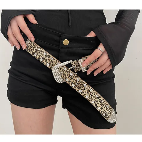 Cintura Strass Donna Pelle PU Stampa Leopardata Fibbia Ardiglione Cintura Vita Cristallo Borchie Jeans Cintura Punk Streetwear Decorativa Cinturino Vita Donna Festa