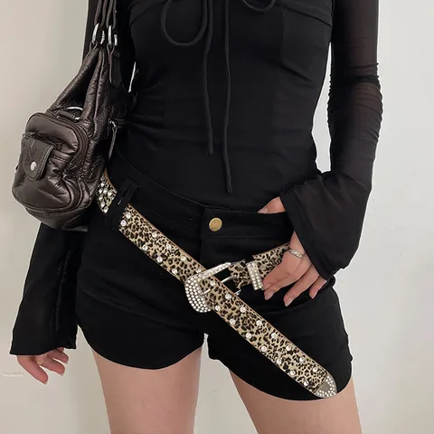 Cintura Strass Donna Pelle PU Stampa Leopardata Fibbia Ardiglione Cintura Vita Cristallo Borchie Jeans Cintura Punk Streetwear Decorativa Cinturino Vita Donna Festa