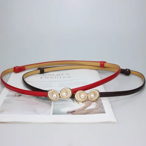 Fashion Women Faux Leather Thin Belt With Pearl Shell Metal Buckle Adjustable Dress Sweater Coat Waist Belt Accessory
