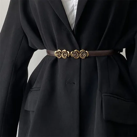 Women Vintage Skinny Faux Leather Belt Antique Copper Rose Flower Interlocking Buckle Adjustable Thin Waist Cinch Dress Belt Fashion Accessories