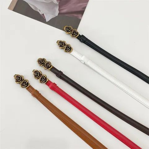 Women Vintage Skinny Faux Leather Belt Antique Copper Rose Flower Interlocking Buckle Adjustable Thin Waist Cinch Dress Belt Fashion Accessories