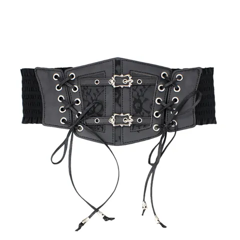 Women Vintage Casual Faux Leather Corset Belt Lace Elastic Wide Waistband Patchwork Lace-up Waist Slimming Belt For Dress Shirt Accessories