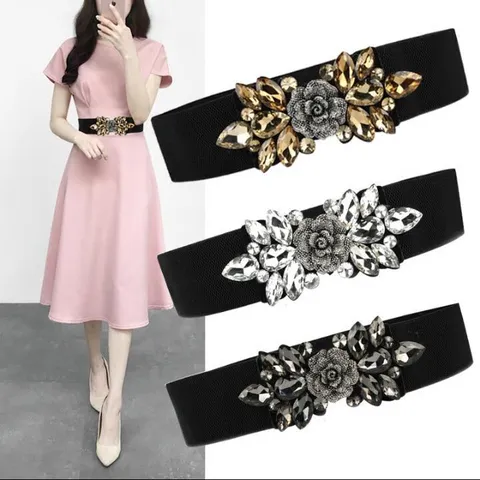 Women Elastic Wide Corset Belt Crystal Rhinestone Rose Flower Decorative Dress Belt Premium Waistband Fashion Clothing Accessories For Ladies Gift