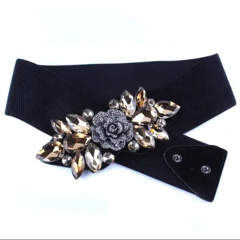 Women Elastic Wide Corset Belt Crystal Rhinestone Rose Flower Decorative Dress Belt Premium Waistband Fashion Clothing Accessories For Ladies Gift