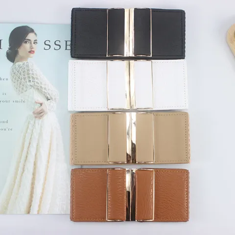 Women Wide Elastic Waist Belt Faux Leather Interlocking Metal Buckle Dress Coat Stretch Cinch Belt Fashion Accessories