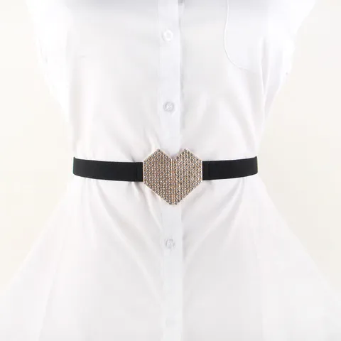 Women Fashion Elastic Waist Belt Rhinestone Heart Buckle Dress Suit Decorative Waistband Ladies Dress Accessories