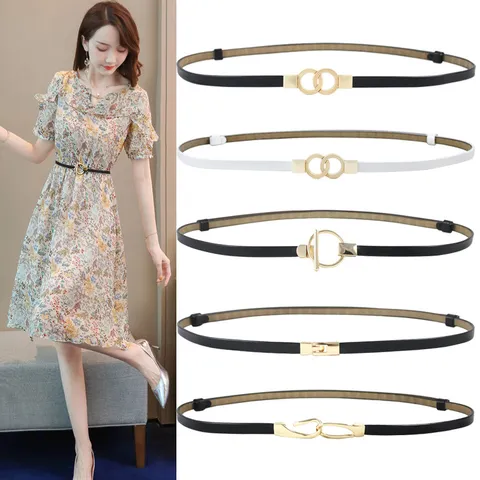 Women Genuine Leather Thin Belt Fashion Casual Versatile Dress Sweater Coat Waist Strap Metal Buckle
