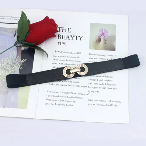 Women's Fashion Elastic Waist Belt Faux Leather Thin Waistband With Alloy Double Ring Buckle For Dress Coat Daily Wear