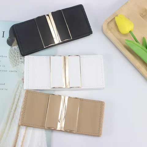 Women Wide Elastic Waist Belt Faux Leather Interlocking Metal Buckle Dress Coat Stretch Cinch Belt Fashion Accessories
