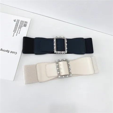 Ceinture Élastique Large Mode pour Femmes Décorée de Perles Artificielles et Strass Bande de Taille Robe Manteau Chemise Accessoires