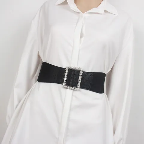 Ceinture Élastique Large Mode pour Femmes Décorée de Perles Artificielles et Strass Bande de Taille Robe Manteau Chemise Accessoires