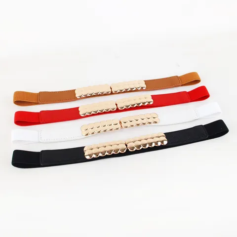 Women Retro Elastic Faux Leather Waist Belt Gold Metal Ring Buckle Decorative Skinny Dress Belt Fashion Accessories