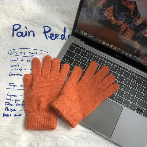 Gants en Tricot de Poil de Lapin Couleur Unie Style Coréen Hommes Femmes Hiver Chauds Épais Peluche Gants à Doigts Cyclisme Moufles Extérieur