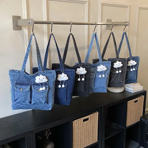 Women Denim Tote Bag Large Capacity Casual Shoulder Bag Washable Handbag With Multiple Pockets Daily Commuting School Bag