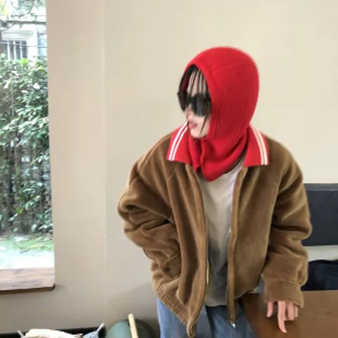 Korean Style Knitted Balaclava Hat With Integrated Scarf For Women Winter Warm Windproof Hooded Neck Warmer With Snap Button Soft Headwear