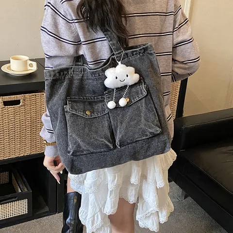 Women Denim Tote Bag Large Capacity Casual Shoulder Bag Washable Handbag With Multiple Pockets Daily Commuting School Bag