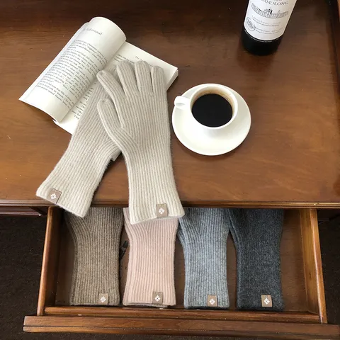 Koreanische Einfarbige Wolle Strick Fingerhandschuhe Touchscreen Warme Winter Handschuhe Für Damen Radfahren Wärmehaltung Mode Strickhandschuhe