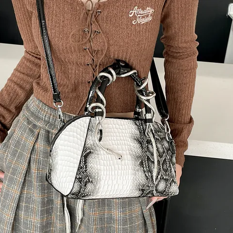 Retro Westlichen PU Leder Krokodil Geprägt Muschel Handtasche Einzigartige Metall Schlange Griff Umhängetasche Für Damen