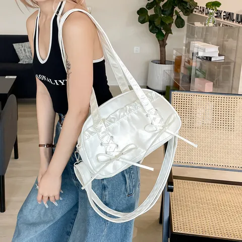 Women Balletcore Ribbon Bow Ita Bag Transparent PVC Window Shoulder Crossbody Bag Ruffle Satin PU Leather Bag for Pin Display