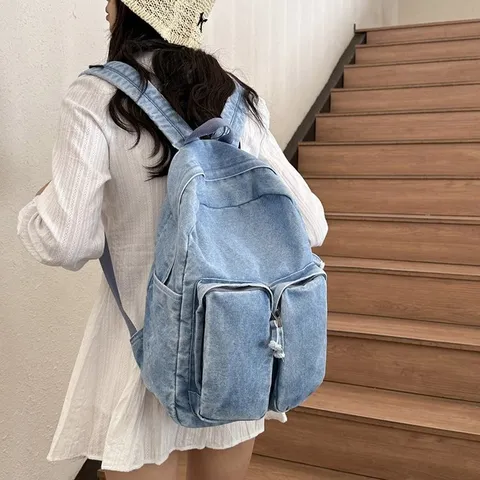 Japanese Vintage Denim Backpack For Men Women Casual Lightweight School Bookbag Solid Color Washed Denim Travel Backpack
