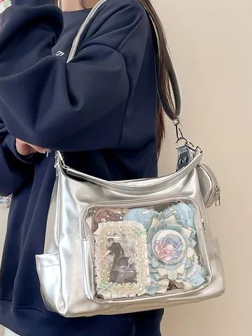 Large Capacity Transparent Tote Bag Ita Bag Cute Student Shoulder Crossbody Bag Clear Window PU Leather Handbag