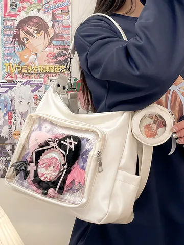 Large Capacity Transparent Tote Bag Ita Bag Cute Student Shoulder Crossbody Bag Clear Window PU Leather Handbag