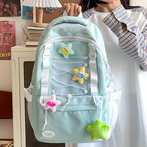 Koreanischer Stil Rucksack Damen mit Mehrfachtaschen Kordelzug Frische Schultasche für Studenten Freizeit Nylon Rucksack mit Stern Anhänger