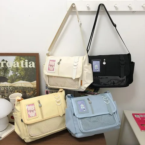 Japanese Style Sweet Nylon Messenger Ita Bag With Clear Transparent Window Preppy School Crossbody Shoulder Bag For Badges Display
