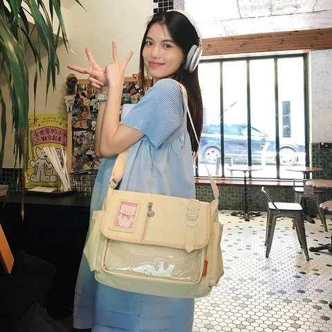 Japanese Style Sweet Nylon Messenger Ita Bag With Clear Transparent Window Preppy School Crossbody Shoulder Bag For Badges Display