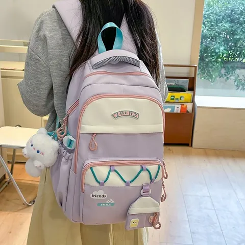 Mochila Escolar de Nailon Gran Capacidad Bloque de Color Cartera de Estudiante Resistente al Desgaste Dulce Bolso de Hombro Diario para Niñas Niños