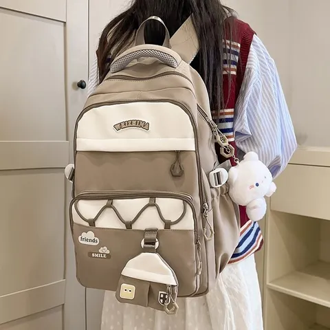Mochila Escolar de Nailon Gran Capacidad Bloque de Color Cartera de Estudiante Resistente al Desgaste Dulce Bolso de Hombro Diario para Niñas Niños